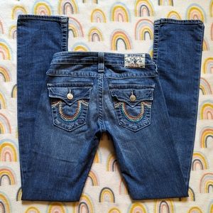 True Religion Low-Rise Straight Jeans with Rainbow Stitched Flap Pockets Size 25